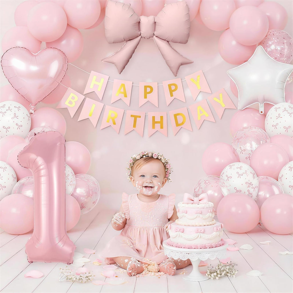 Pink Bow 1st Birthday Decoration Set – 32-Inch Number 1 Foil Balloon & More