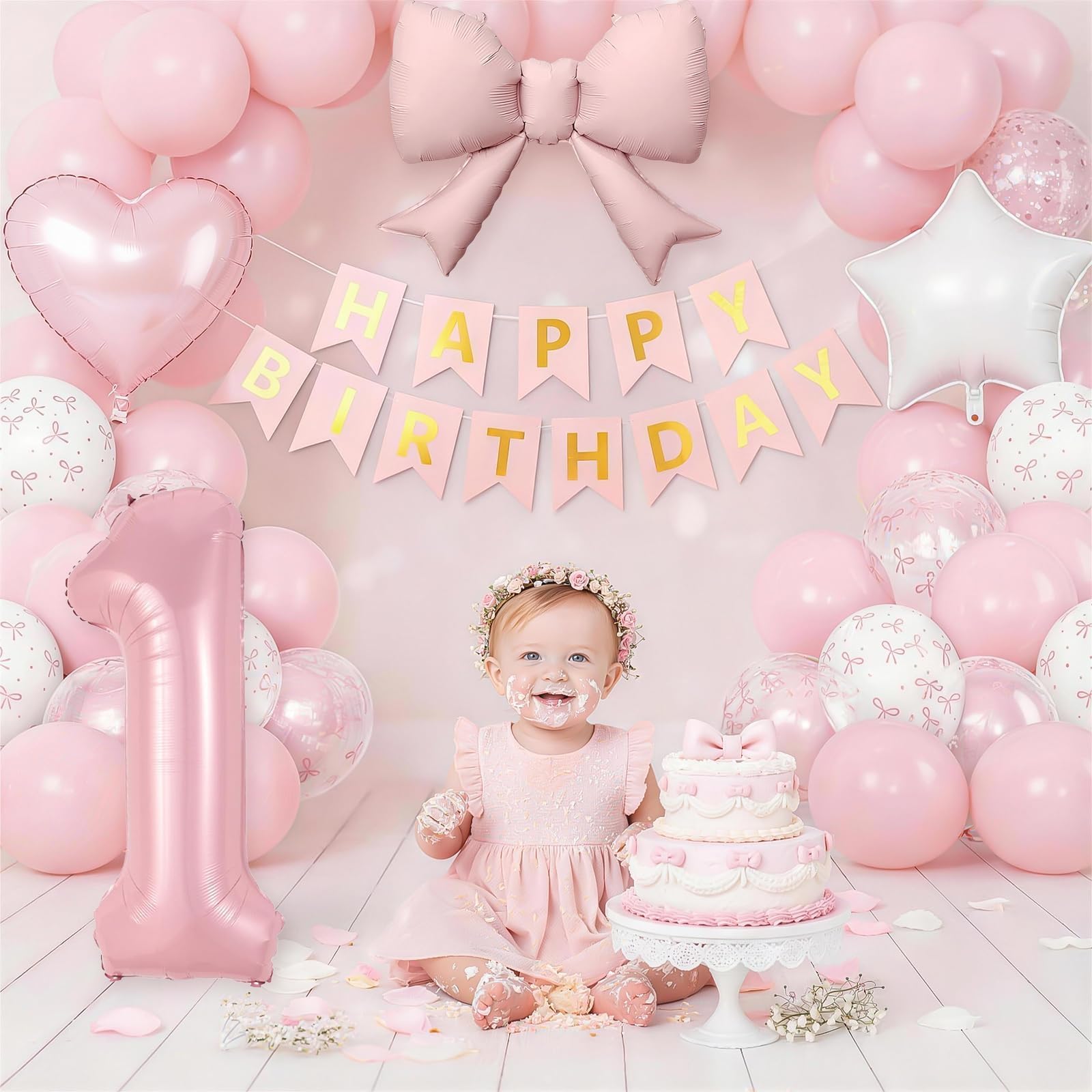Pink Bow 1st Birthday Decoration Set – 32-Inch Number 1 Foil Balloon & More
