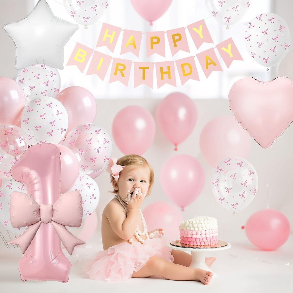 Pink Bow 1st Birthday Decoration Set – 32-Inch Number 1 Foil Balloon & More