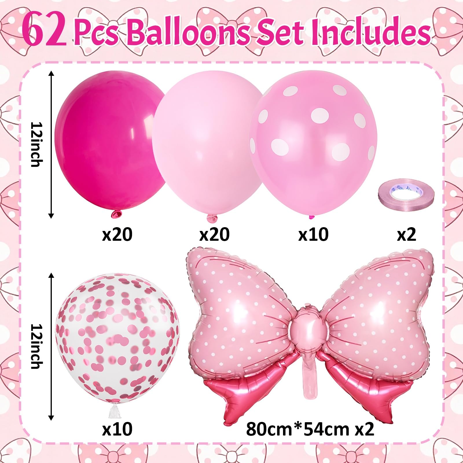Pink Bow Balloon Set – 62 Pieces of Foil and Latex Balloons for Parties