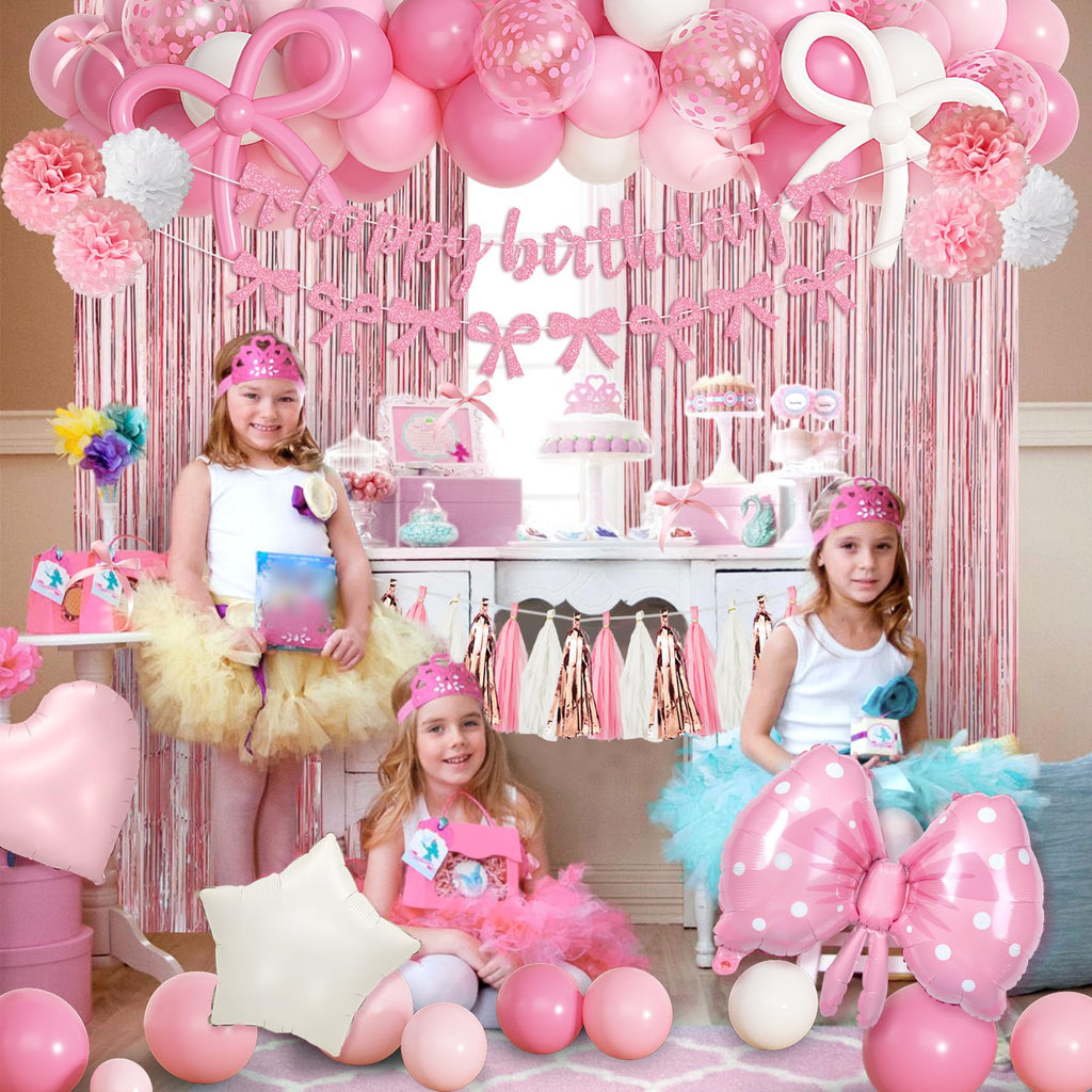 Pink Bow Birthday Decorations Kit – Coquette Party Supplies with Balloons, Banner & More