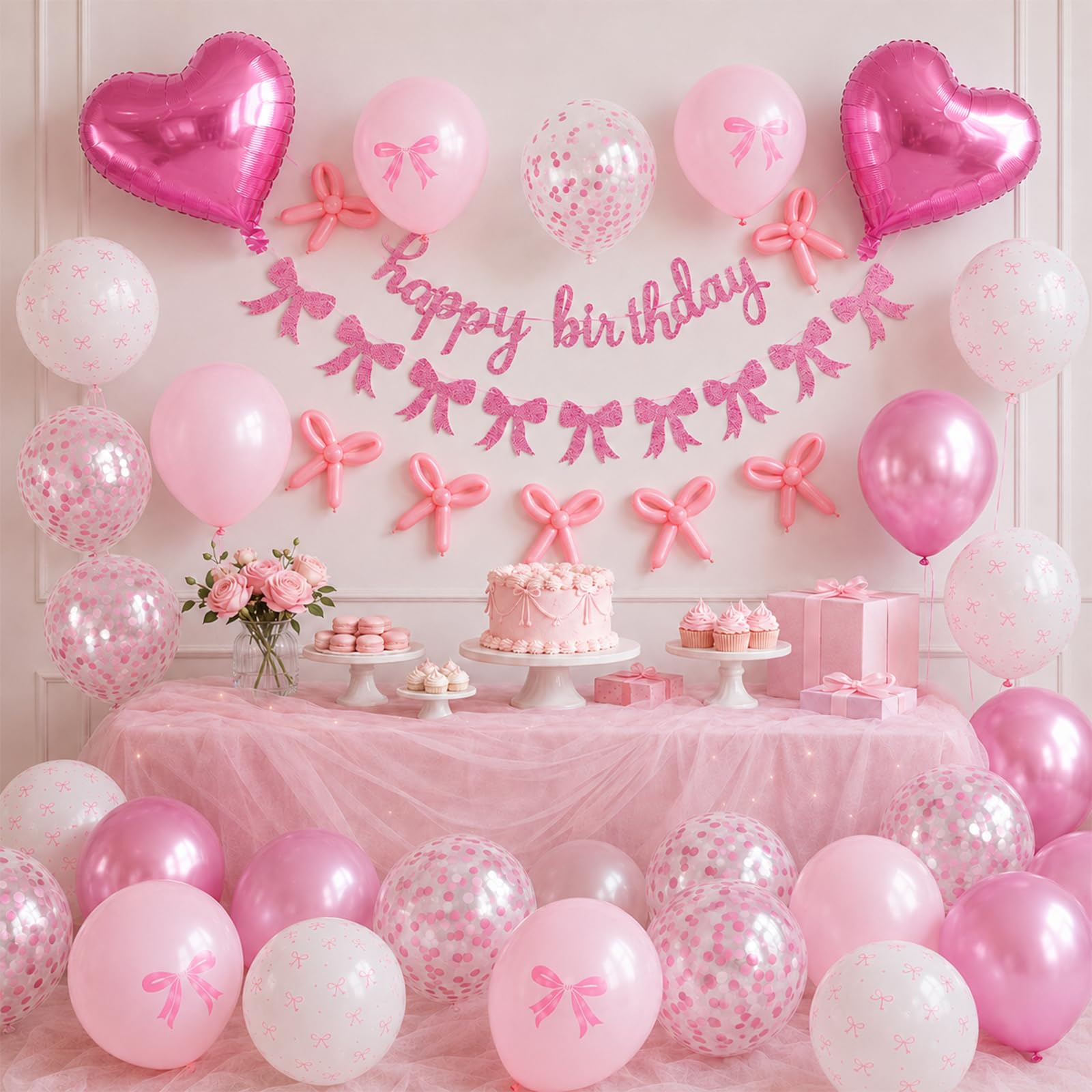 Pink Bow Birthday Decorations Set – Banner, Balloons, and DIY Bow Garland for Party