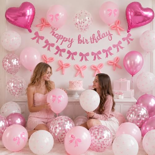 Pink Bow Birthday Decorations Set – Banner, Balloons, and DIY Bow Garland for Party