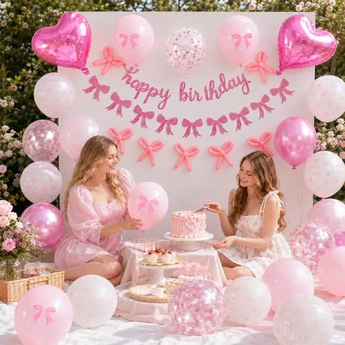 Pink Bow Birthday Decorations Set – Banner, Balloons, and DIY Bow Garland for Party