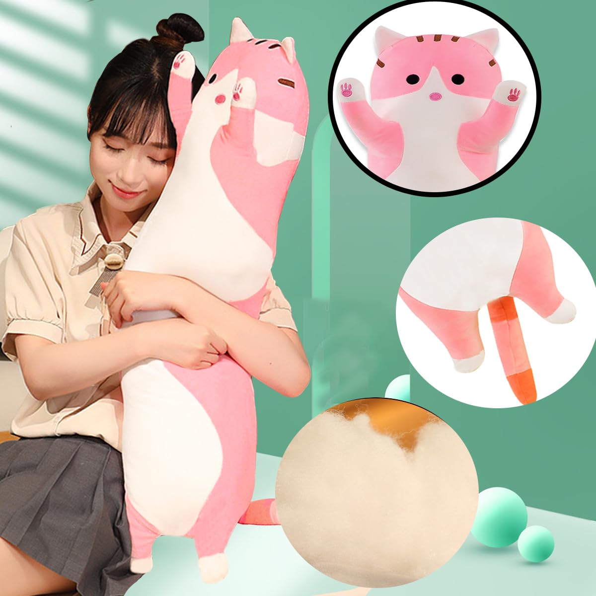 Pink Cat Long Body Pillow – 18-Inch Soft Plush Stuffed Animal by Werdast