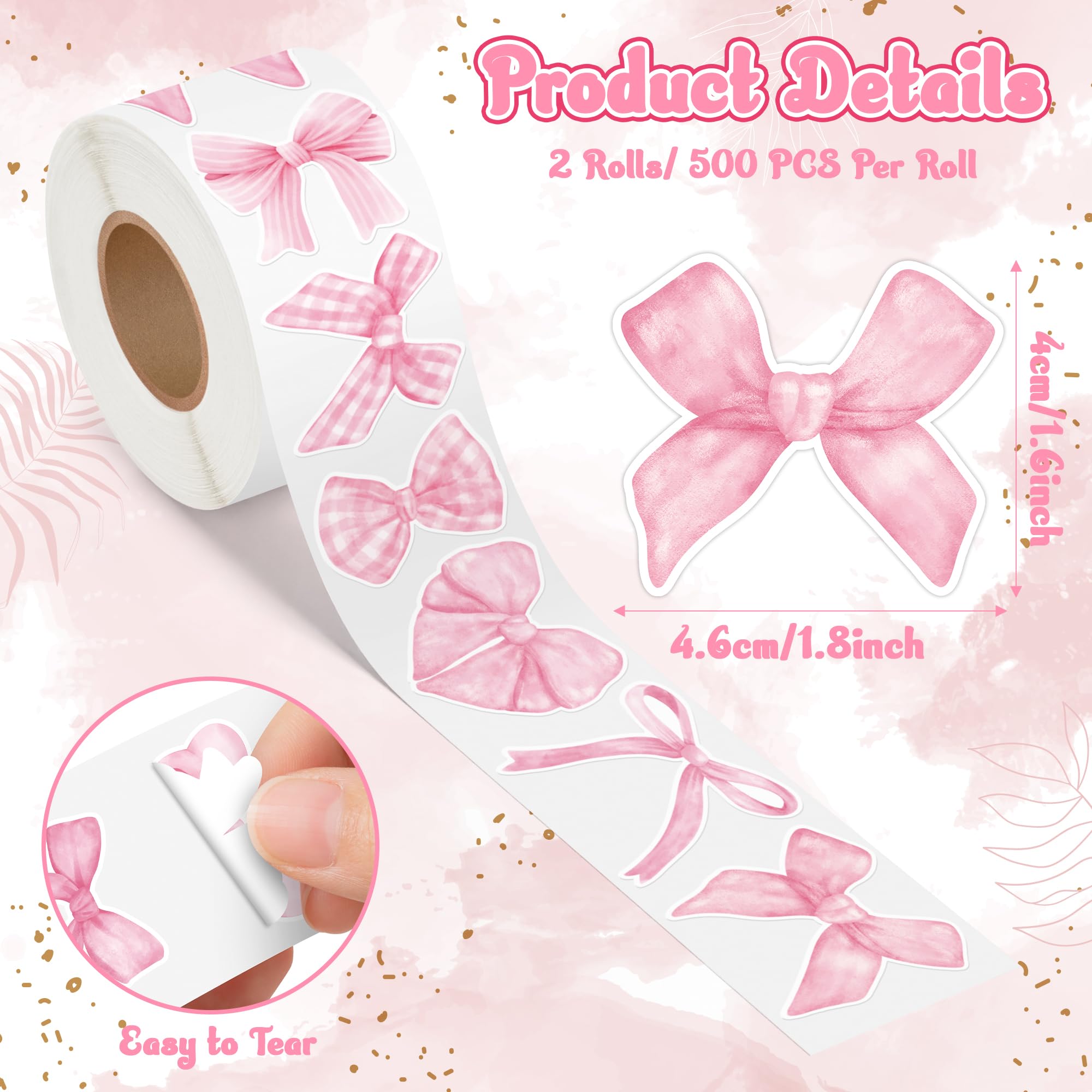 Pink Coquette Bow Stickers - 1000 Watercolor Bow Decals for Laptops, Water Bottles, Scrapbooking - 16 Patterns, 2 Rolls, Waterproof Vinyl