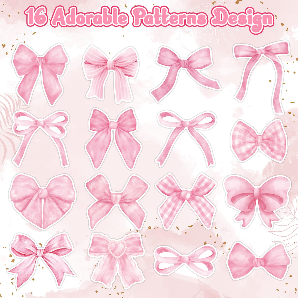 Pink Coquette Bow Stickers - 1000 Watercolor Bow Decals for Laptops, Water Bottles, Scrapbooking - 16 Patterns, 2 Rolls, Waterproof Vinyl