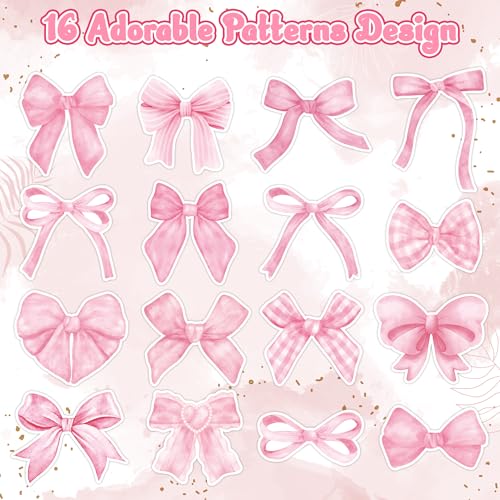Pink Coquette Bow Stickers - 1000 Watercolor Bow Decals for Laptops, Water Bottles, Scrapbooking - 16 Patterns, 2 Rolls, Waterproof Vinyl