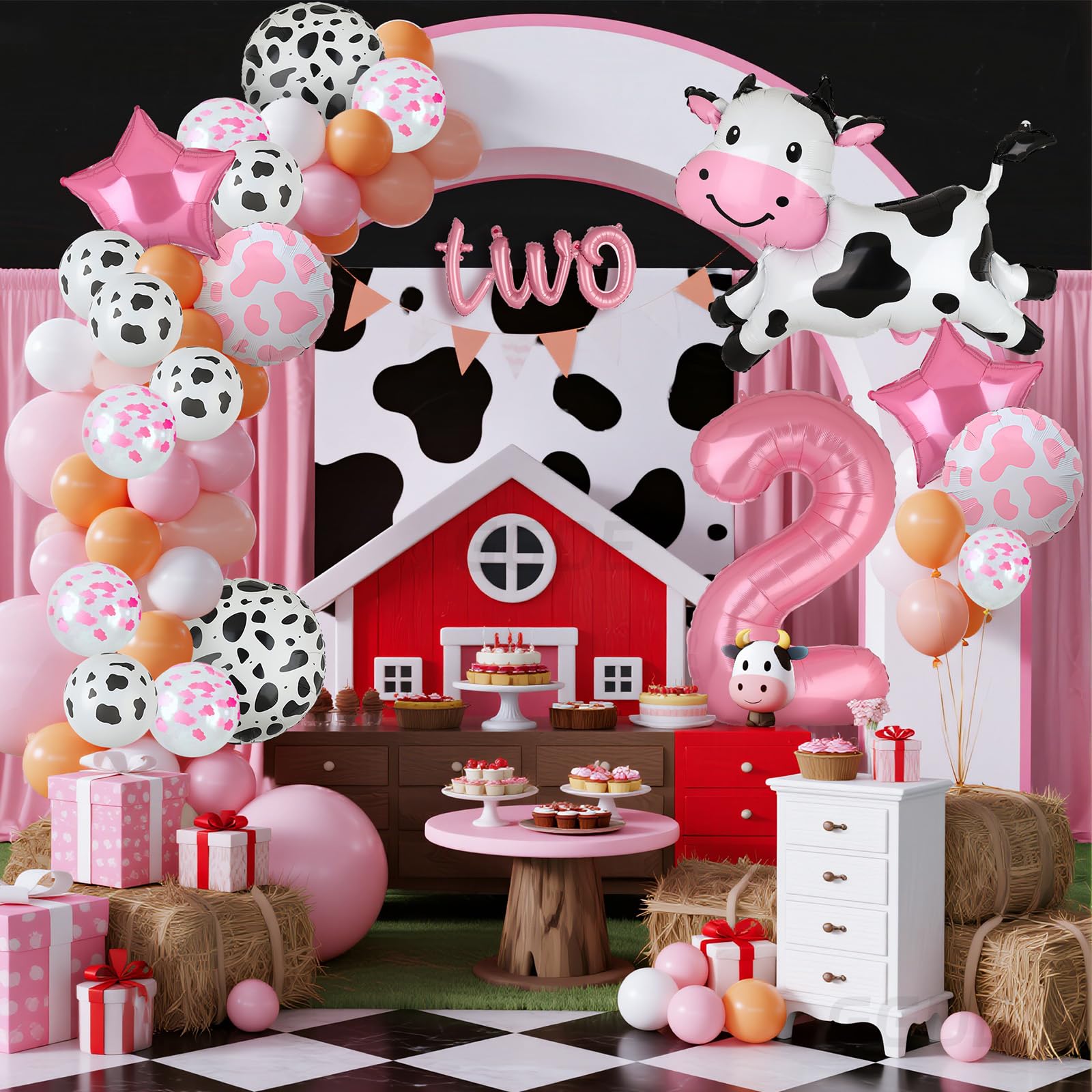 Pink Cow Balloon Set for 2nd Birthday - 24 Pieces Mylar & Latex Farm Party Decor