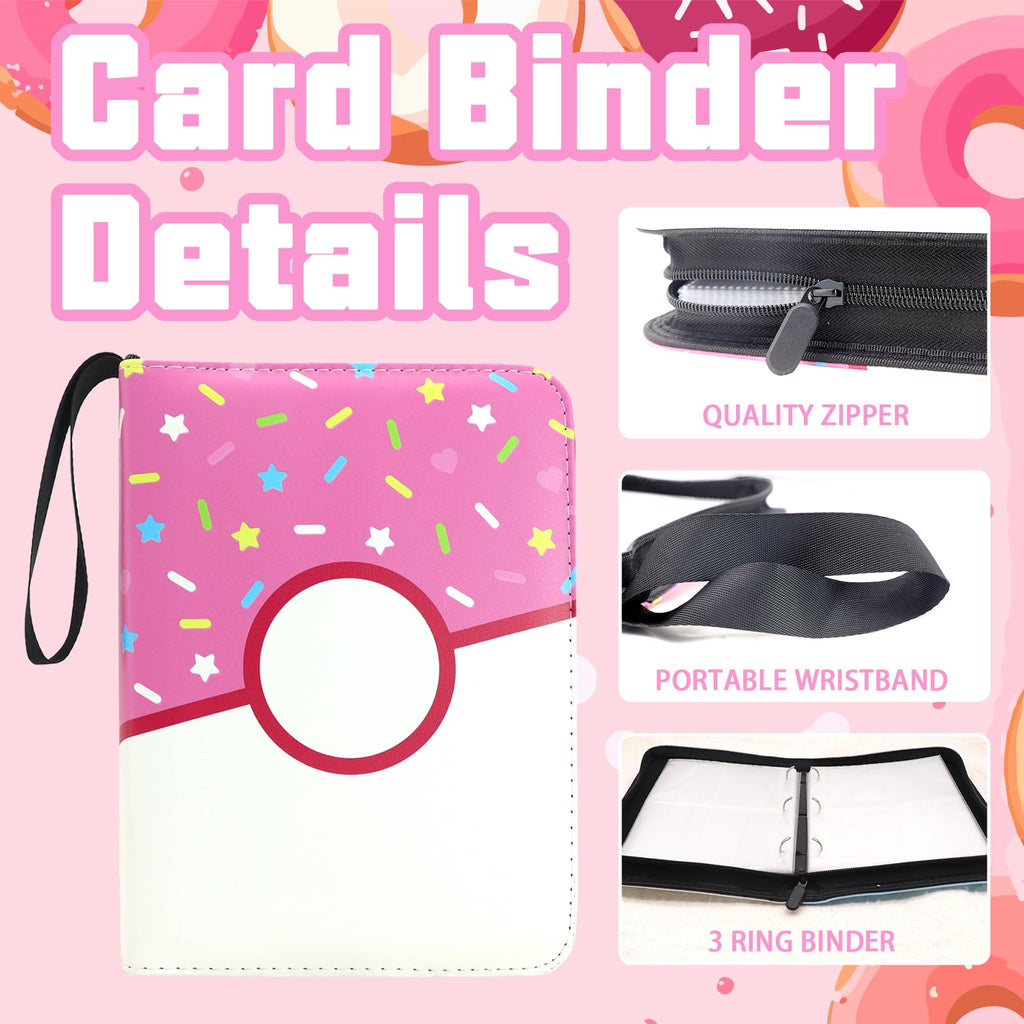 Pink Donut 400-Pocket Trading Card Binder by Piefectpie – PU Leather Zipper Album for Standard Cards