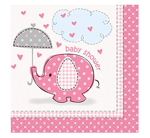 Pink Elephant Baby Shower Cocktail Napkins - 16 Pack, 5x5 Inch Paper Napkins with Hearts Design