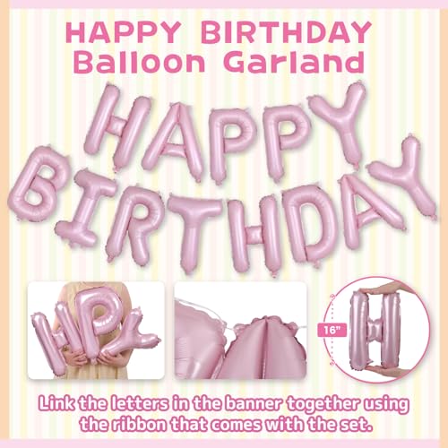 Pink Happy Birthday Balloon Garland Set with Classic Flower, Heart & Star Balloons – Elegant 33-Piece Party Decoration for Girls – Includes 40-Inch Number 1 Balloon