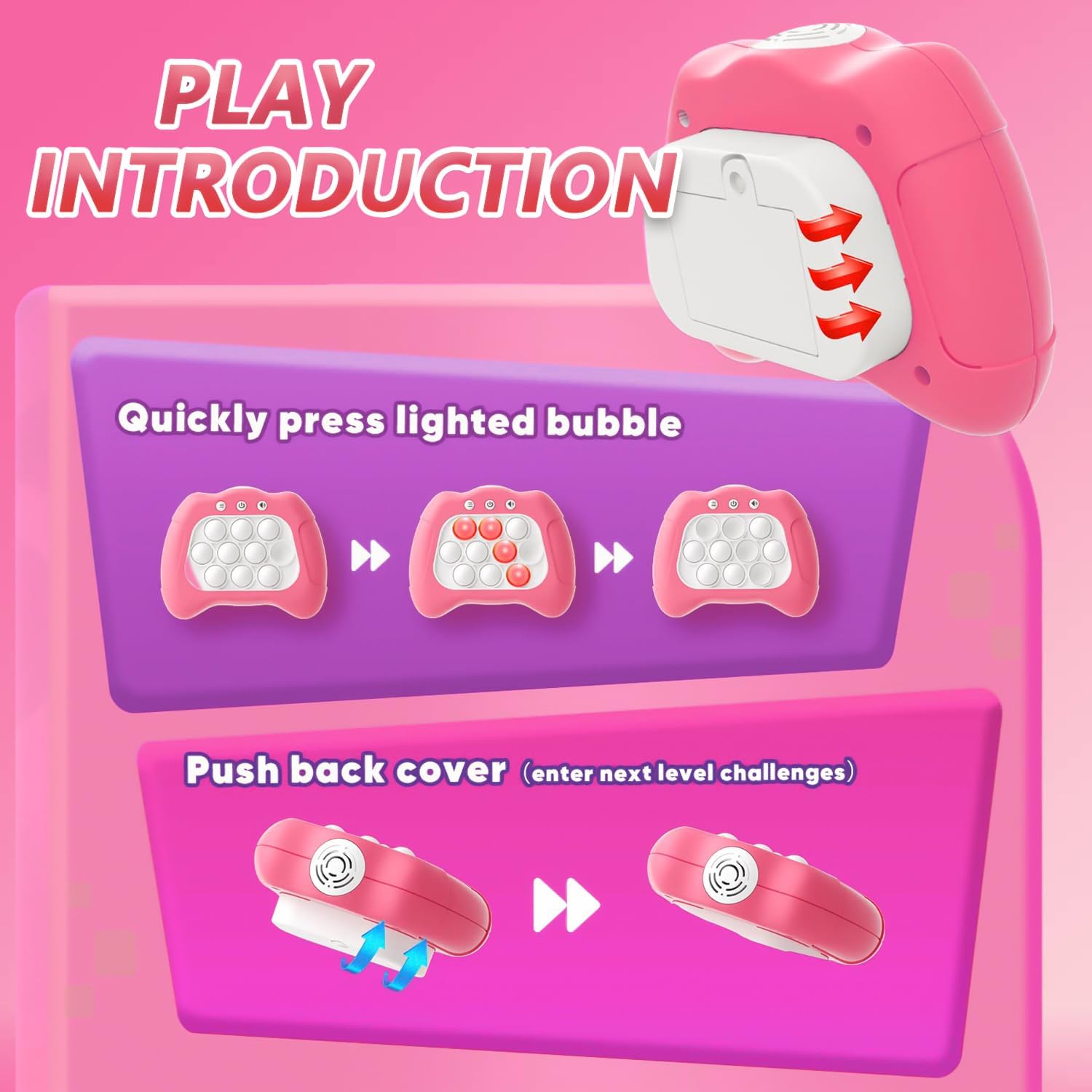 Pink Pop Push Game Toy for Kids - Handheld Fidget Toy with 4 Game Modes, Lights and Music, Ages 3-12