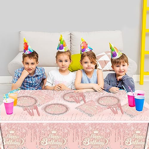 Pink Rose Gold Glitter Diamond Party Tableware Set for 20 – OULUN Birthday Supplies with Plates, Napkins, and Tablecloth