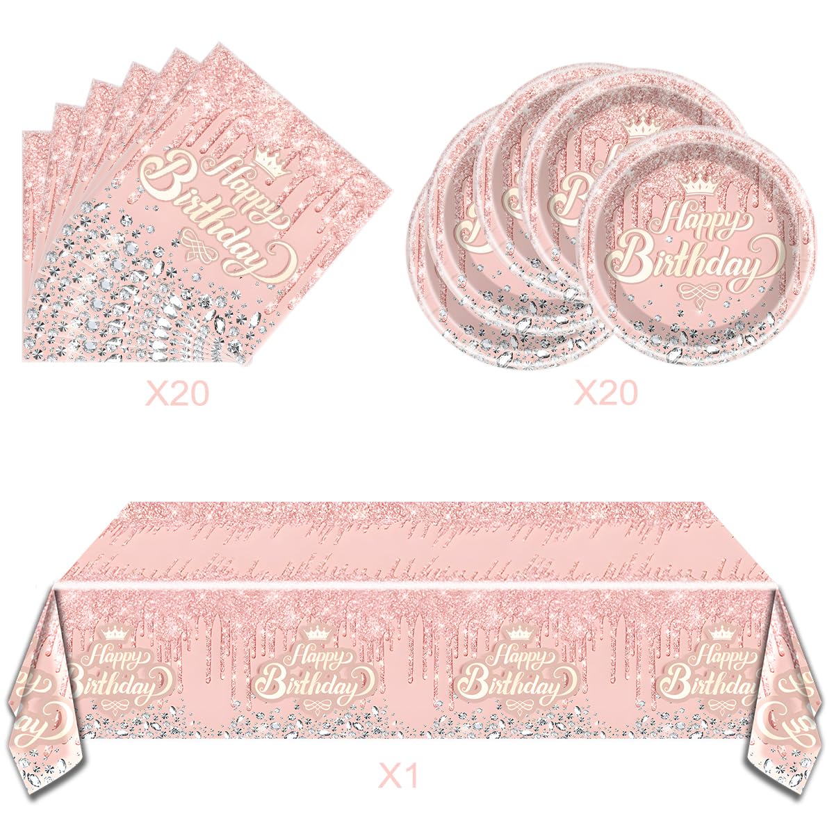 Pink Rose Gold Glitter Diamond Party Tableware Set for 20 – OULUN Birthday Supplies with Plates, Napkins, and Tablecloth