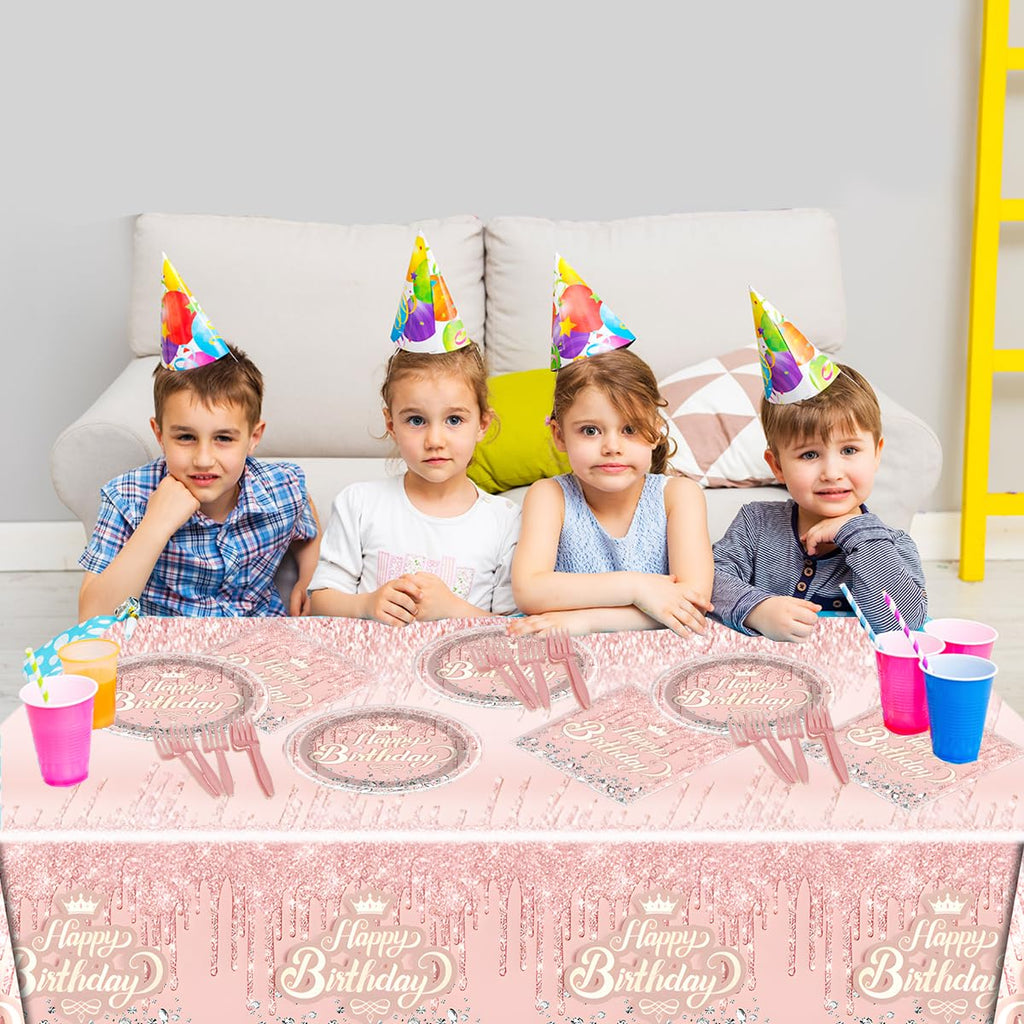 Pink Rose Gold Glitter Diamond Party Tableware Set for 20 – OULUN Birthday Supplies with Plates, Napkins, and Tablecloth