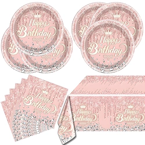 Pink Rose Gold Glitter Diamond Party Tableware Set for 20 – OULUN Birthday Supplies with Plates, Napkins, and Tablecloth