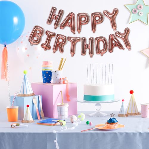 Pink Rose Gold Happy Birthday Balloon Banner - 75pc 16-inch Foil Letter Set by bigmaigo