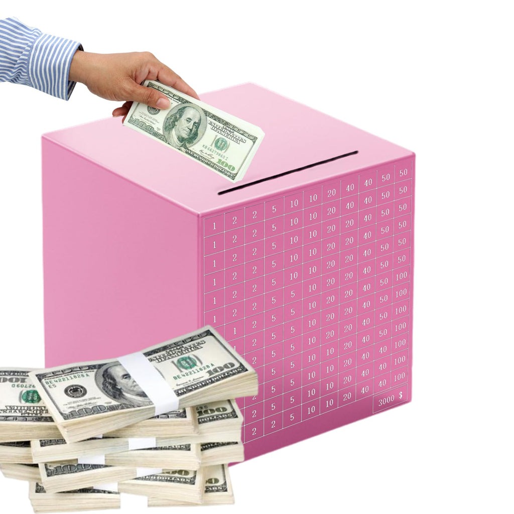 Pink Stainless Steel Piggy Bank - $3000 Savings Challenge Box with Coin and Bill Capacity
