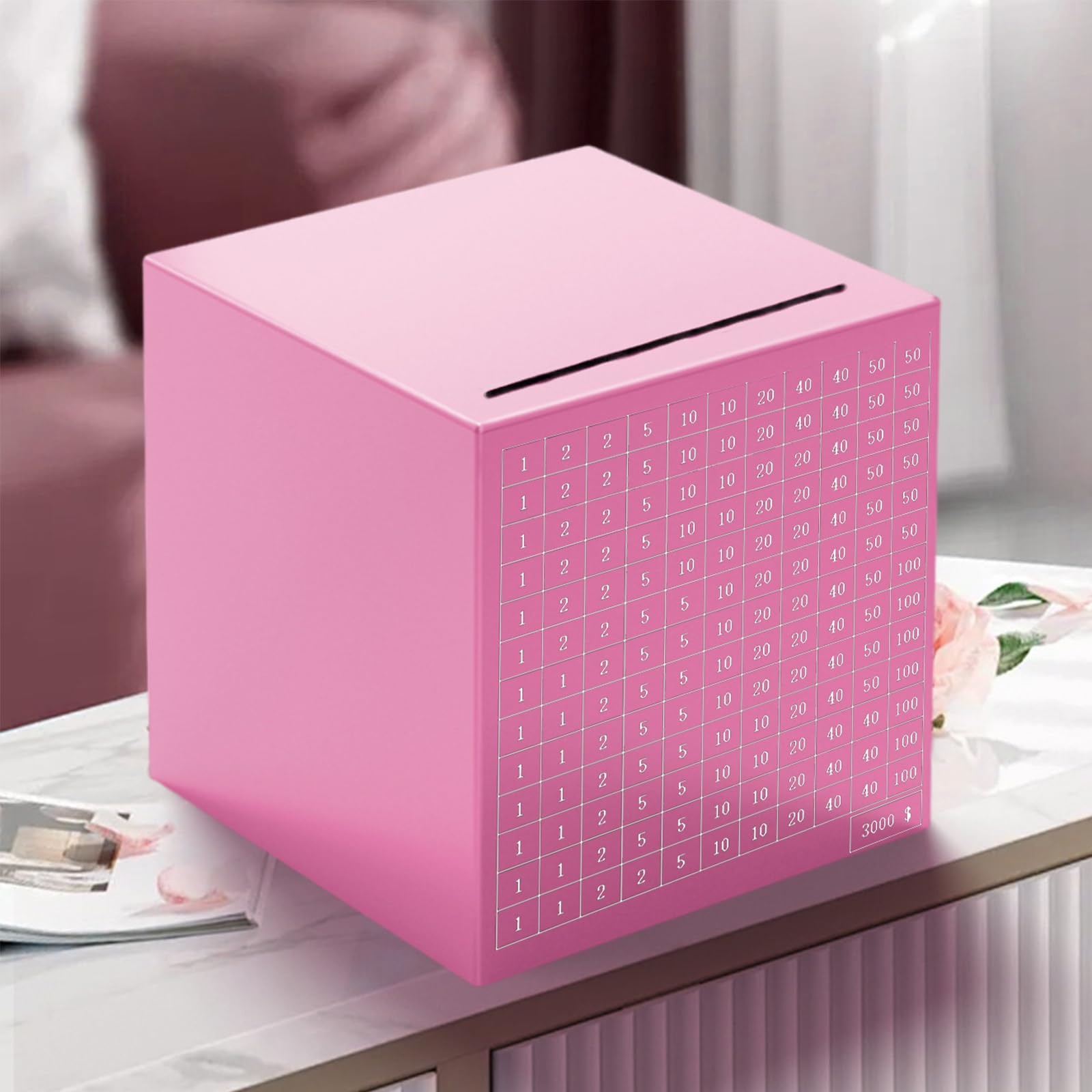 Pink Stainless Steel Piggy Bank - $3000 Savings Challenge Box with Coin and Bill Capacity