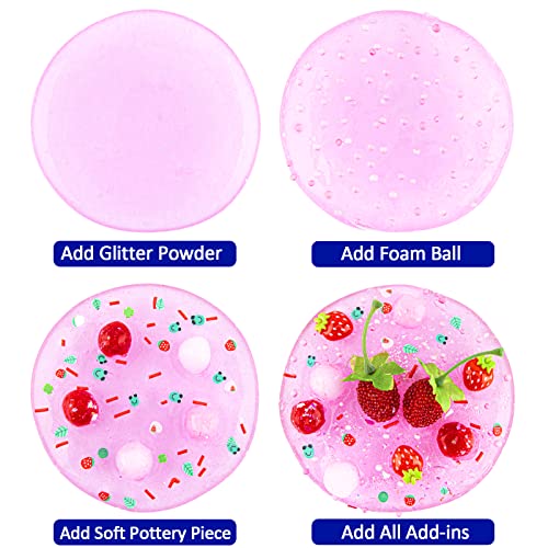 Pink Strawberry Jelly Cube Slime with 8 Add-ins - Crystal Clear Glimmer Crunchy Slime for Kids