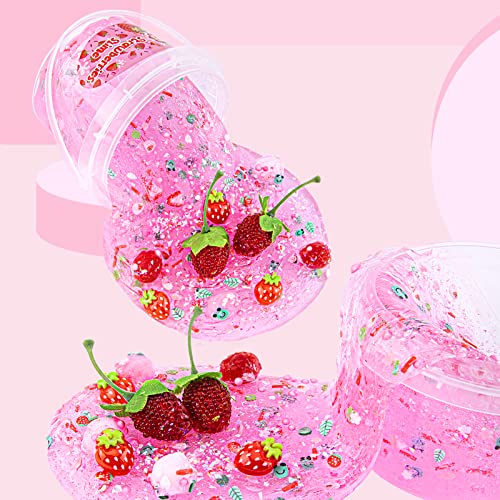 Pink Strawberry Jelly Cube Slime with 8 Add-ins - Crystal Clear Glimmer Crunchy Slime for Kids