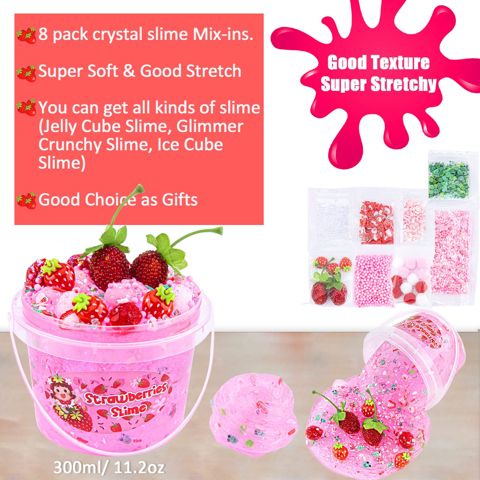 Pink Strawberry Jelly Cube Slime with 8 Add-ins - Crystal Clear Glimmer Crunchy Slime for Kids