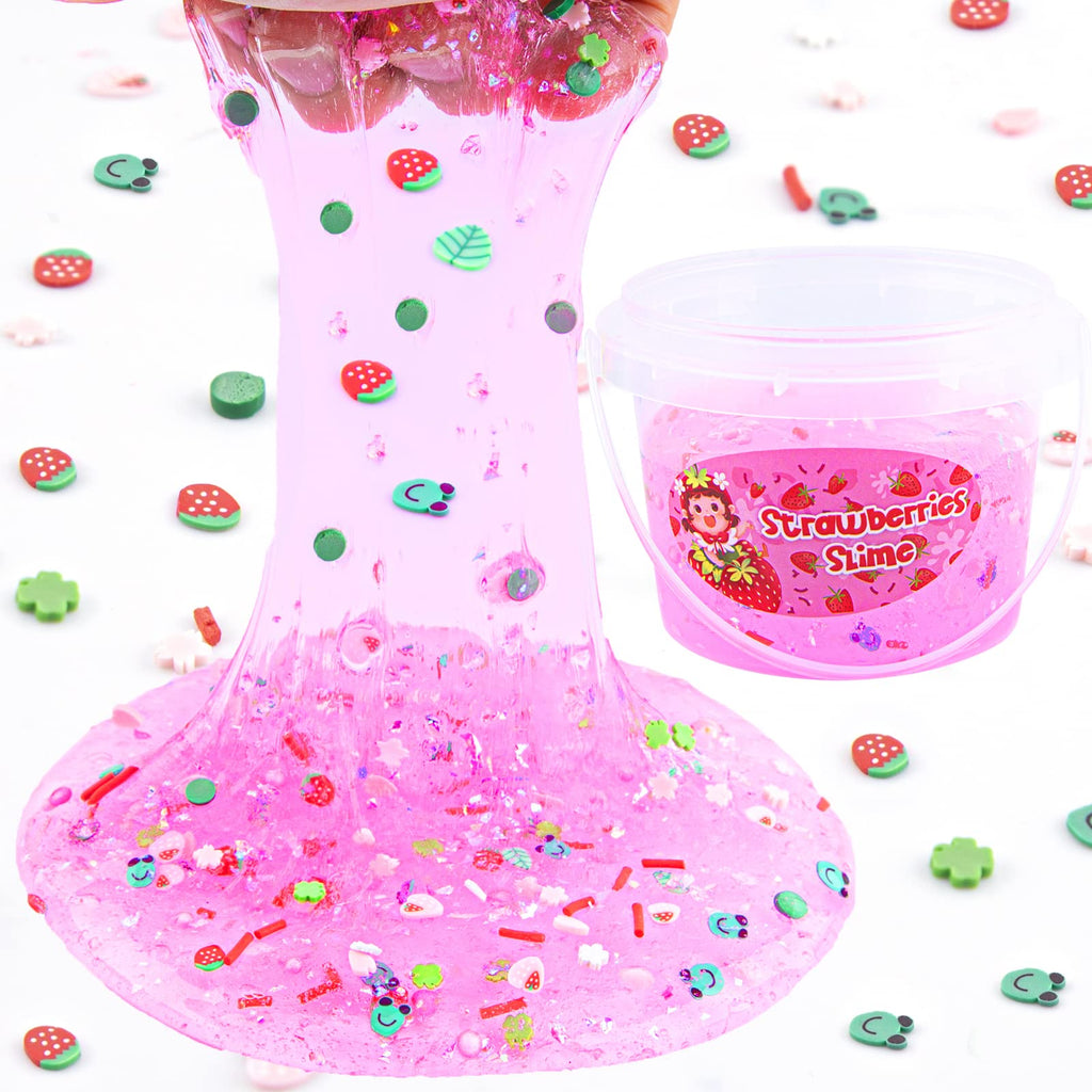 Pink Strawberry Jelly Cube Slime with 8 Add-ins - Crystal Clear Glimmer Crunchy Slime for Kids