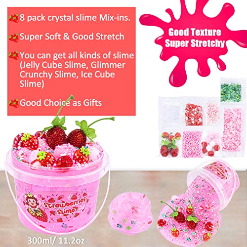 Pink Strawberry Jelly Cube Slime with 8 Add-ins - Crystal Clear Glimmer Crunchy Slime for Kids
