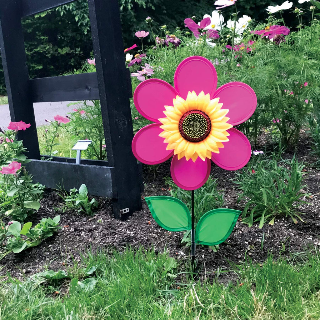 Pink Sunflower Wind Spinner – 12-Inch In the Breeze Garden Decor with Fiberglass Frame