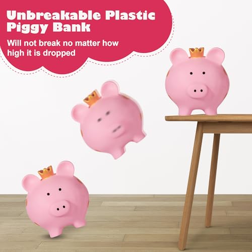 Pink Unbreakable Piggy Bank for Girls with Crown - Large Plastic Coin Bank by EVTHSU