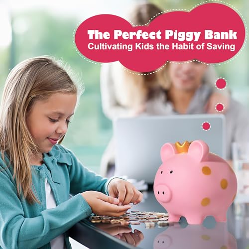 Pink Unbreakable Piggy Bank for Girls with Crown - Large Plastic Coin Bank by EVTHSU