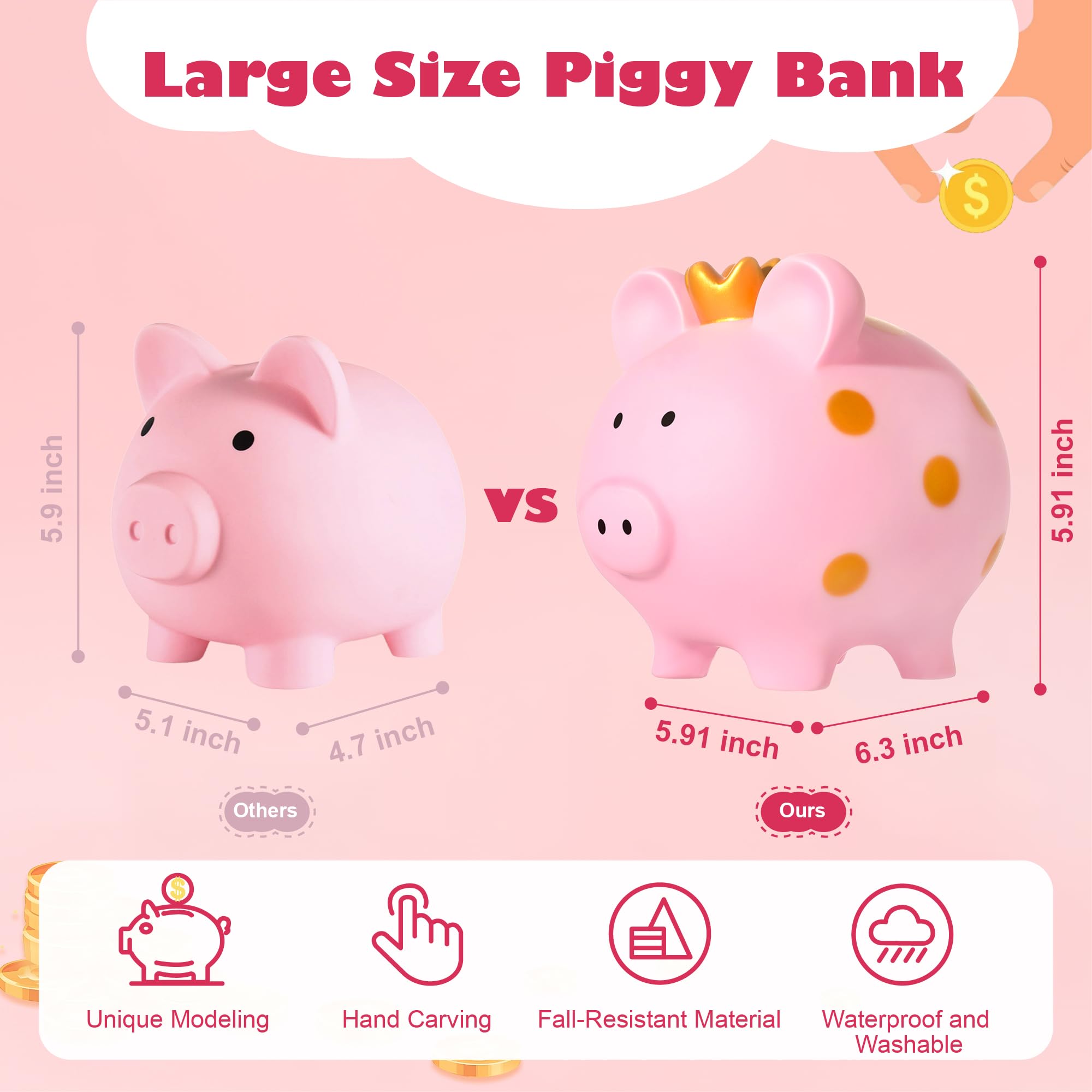 Pink Unbreakable Piggy Bank for Girls with Crown - Large Plastic Coin Bank by EVTHSU