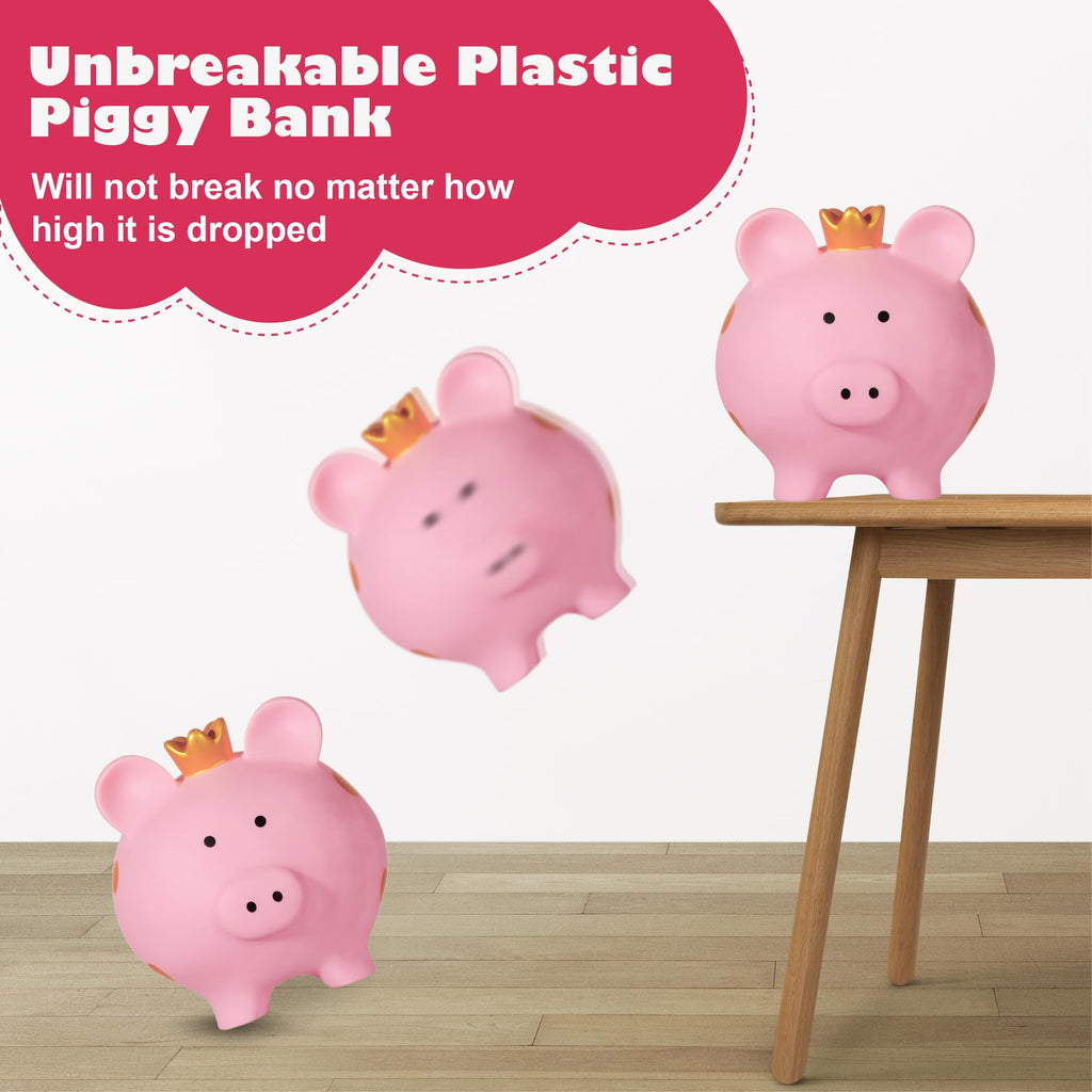 Pink Unbreakable Piggy Bank for Girls with Crown - Large Plastic Coin Bank by EVTHSU