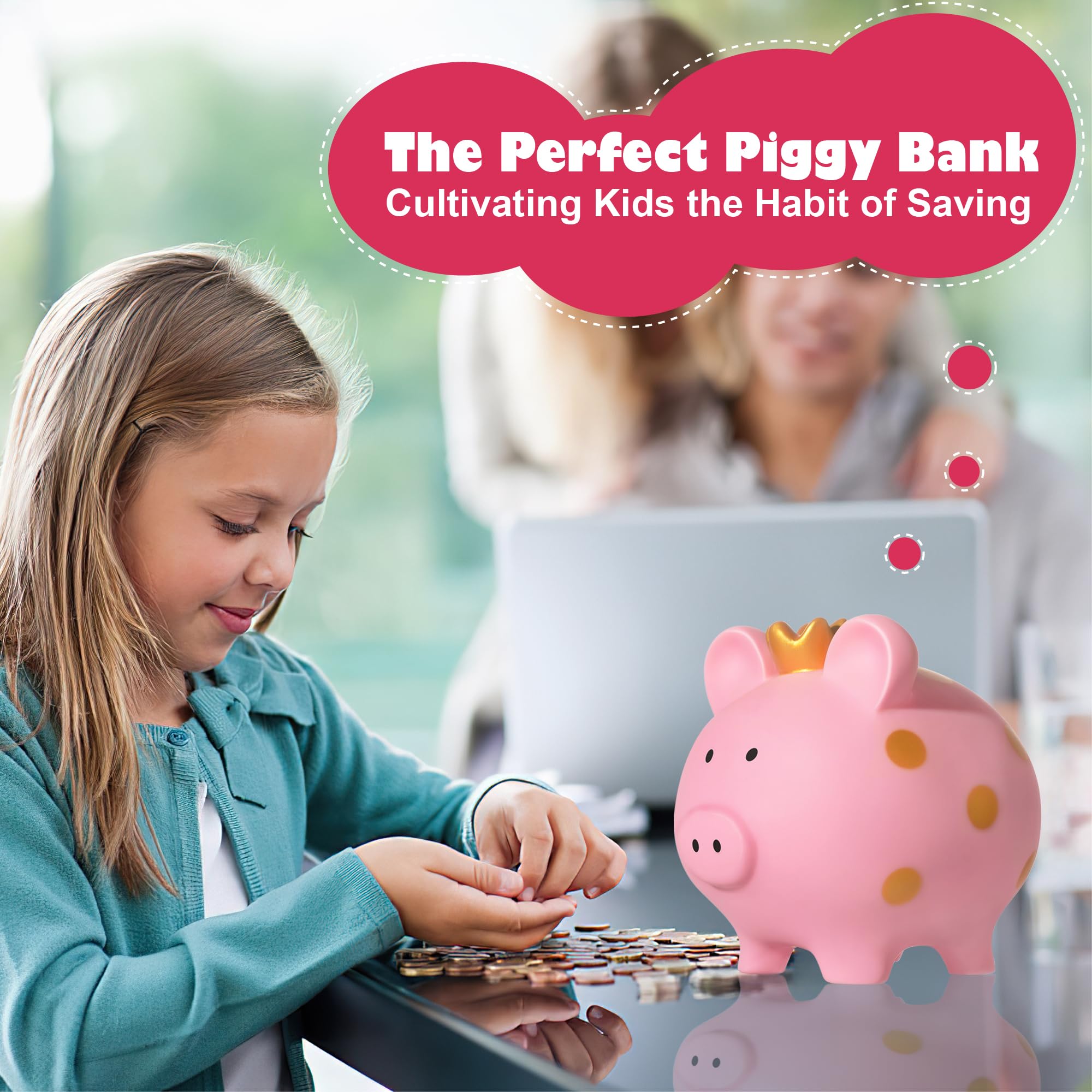 Pink Unbreakable Piggy Bank for Girls with Crown - Large Plastic Coin Bank by EVTHSU
