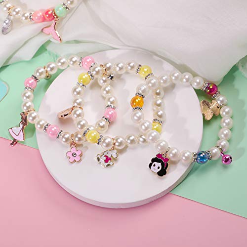 PinkSheep 10-Pack Pearl Bead Stretch Bracelets for Kids – Princess-Themed Charm Bracelet Set for Girls, Party Favors, and Pretend Play