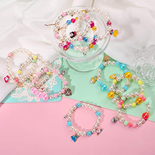 PinkSheep 10-Pack Pearl Bead Stretch Bracelets for Kids – Princess-Themed Charm Bracelet Set for Girls, Party Favors, and Pretend Play