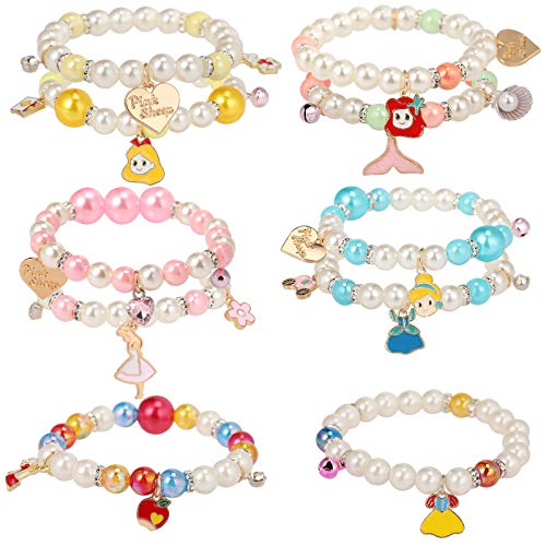PinkSheep 10-Pack Pearl Bead Stretch Bracelets for Kids – Princess-Themed Charm Bracelet Set for Girls, Party Favors, and Pretend Play