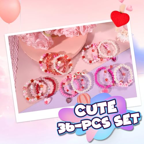 PinkSheep 36-Piece Kids Bracelet Set - Handmade Acrylic & Resin Bracelets for Girls Ages 3-8, Party Favors