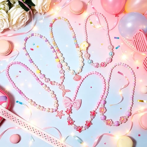PinkSheep 6-Piece Beaded Jewelry Set for Little Girls - Necklaces and Bracelets with Heart & Mermaid Themes