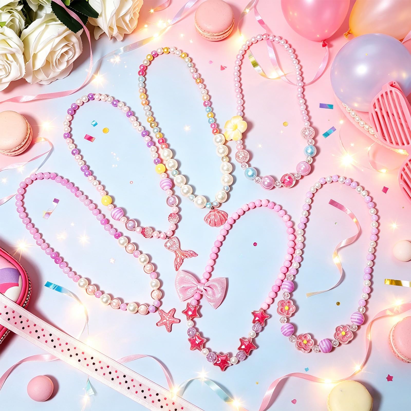 PinkSheep 6-Piece Beaded Jewelry Set for Little Girls - Necklaces and Bracelets with Heart & Mermaid Themes