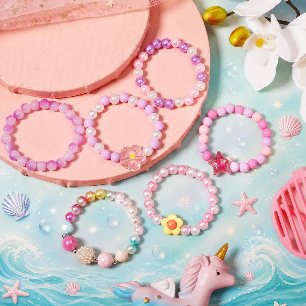 PinkSheep 6-Piece Beaded Jewelry Set for Little Girls - Necklaces and Bracelets with Heart & Mermaid Themes