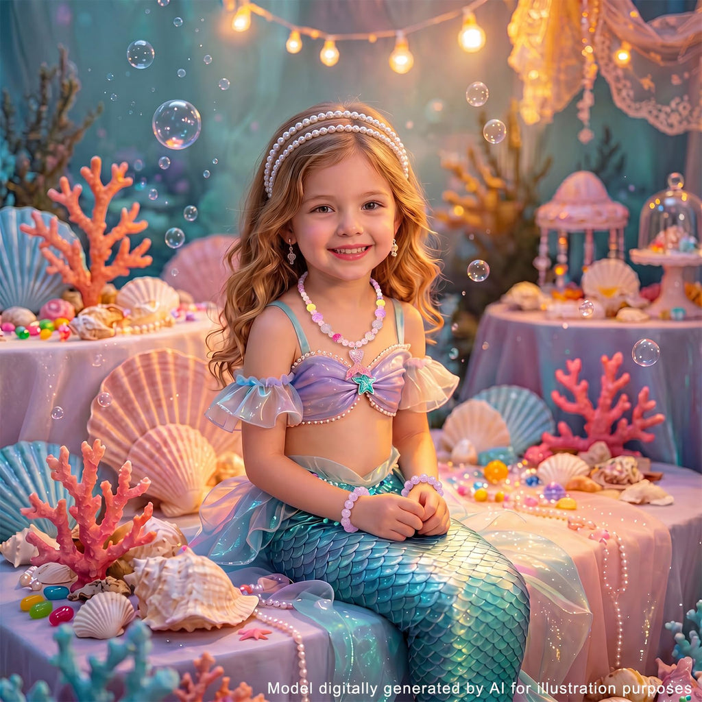 PinkSheep 6-Piece Beaded Jewelry Set for Little Girls - Necklaces and Bracelets with Heart & Mermaid Themes