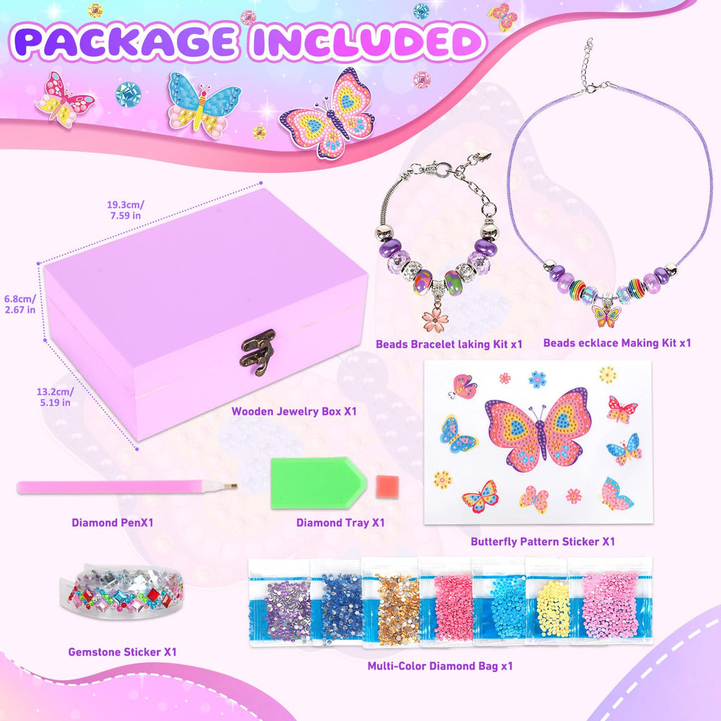 PinkSheep Butterfly Jewelry Box DIY Kit for Girls 6-12 - Wooden Treasure Box with Necklace & Bracelet