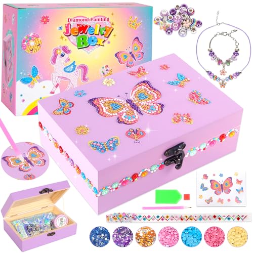 PinkSheep Butterfly Jewelry Box DIY Kit for Girls 6-12 - Wooden Treasure Box with Necklace & Bracelet