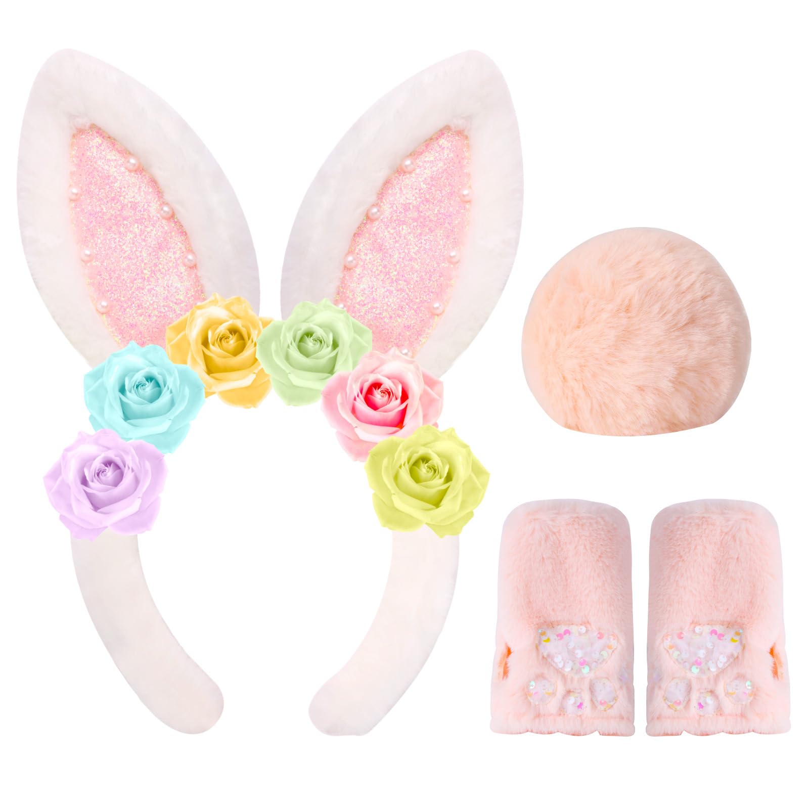 PinkSheep Easter Bunny Ears Headband, Tail & Gloves Set for Girls – Nylon, Machine Washable