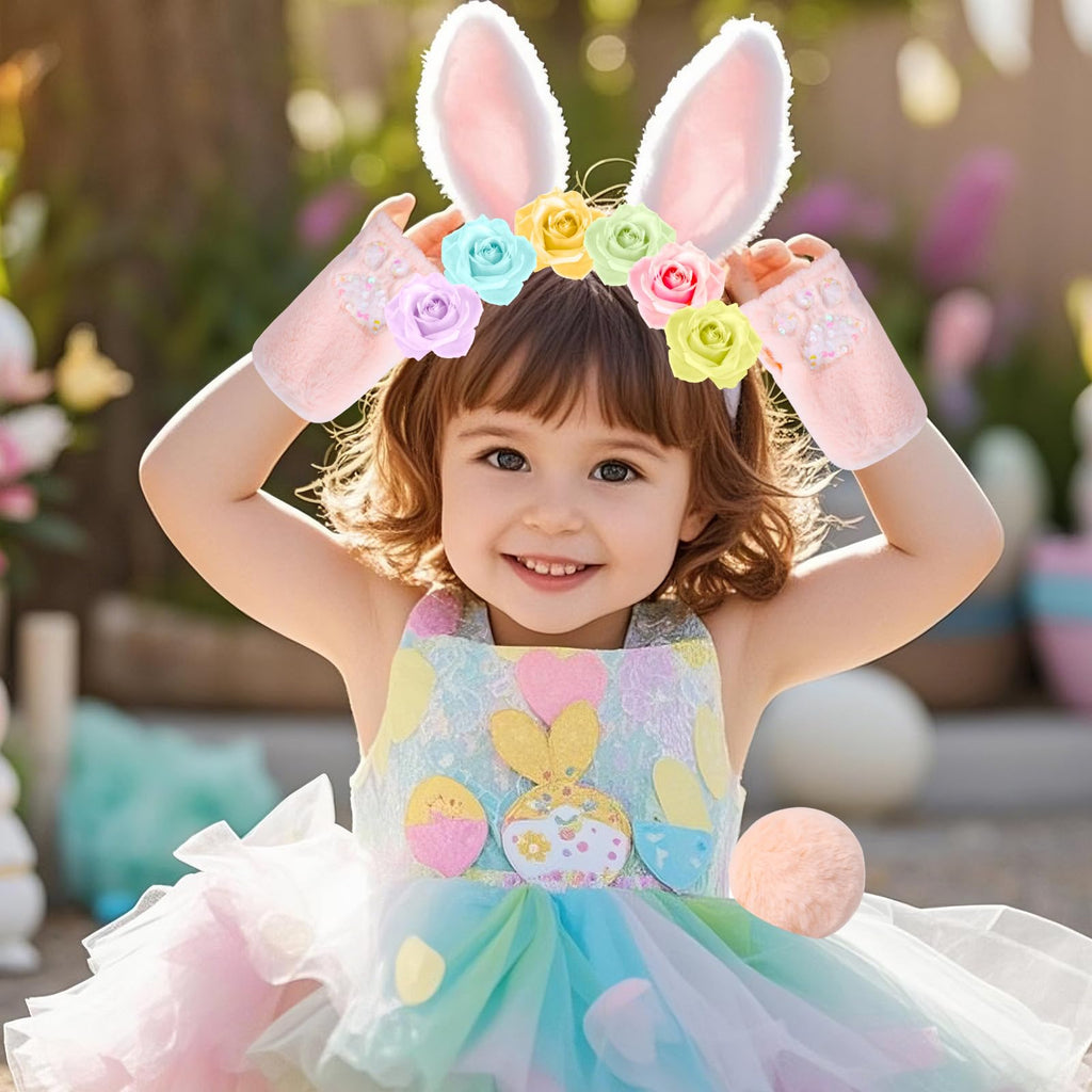 PinkSheep Easter Bunny Ears Headband, Tail & Gloves Set for Girls – Nylon, Machine Washable