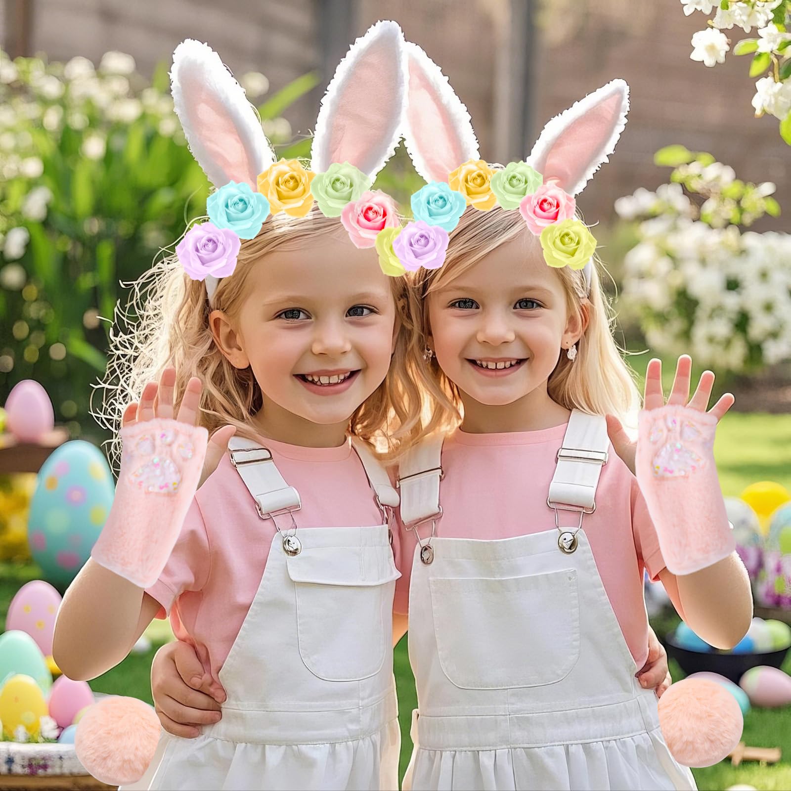 PinkSheep Easter Bunny Ears Headband, Tail & Gloves Set for Girls – Nylon, Machine Washable