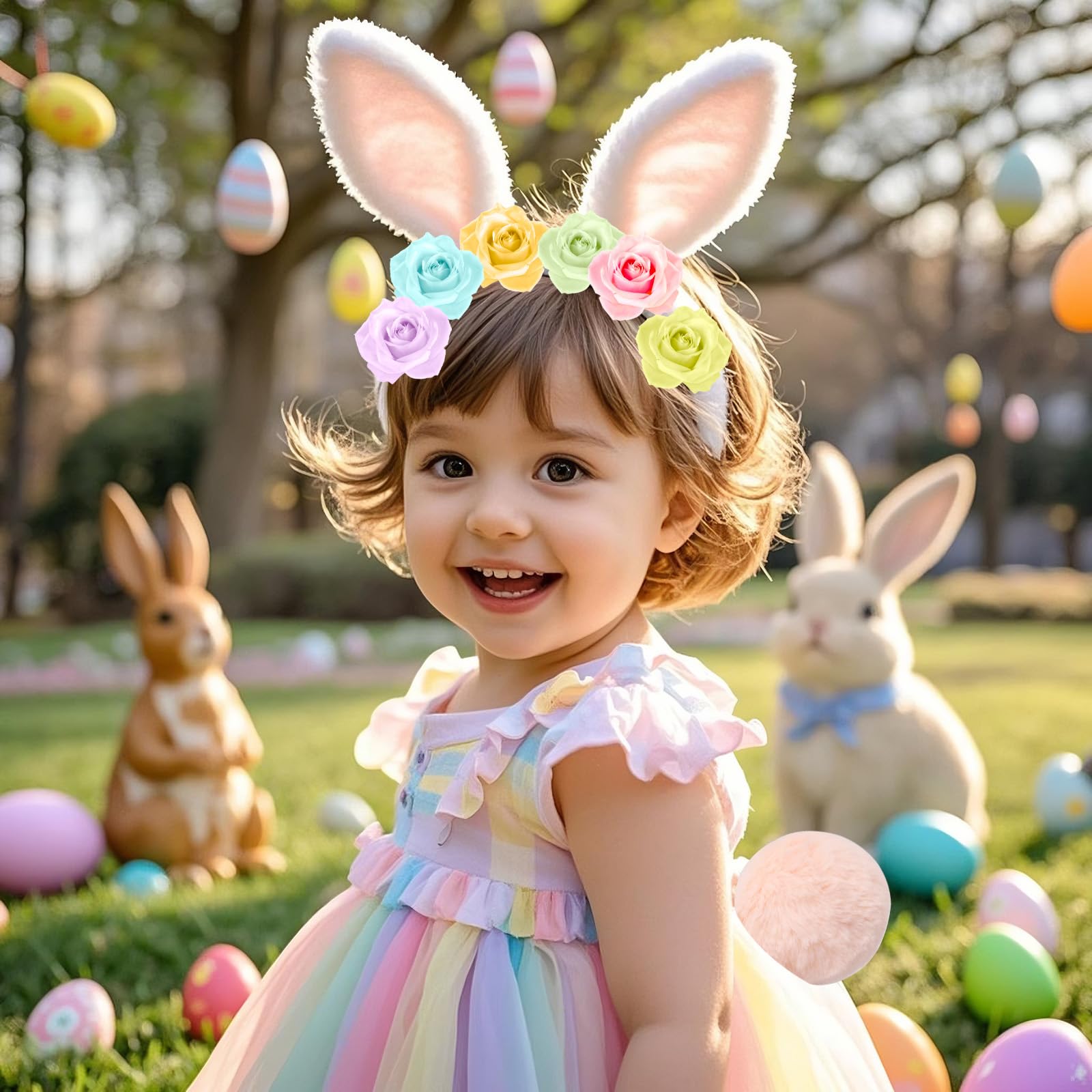 PinkSheep Easter Bunny Ears Headband, Tail & Gloves Set for Girls – Nylon, Machine Washable