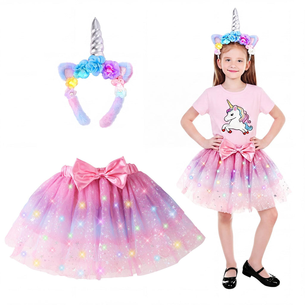 PinkSheep LED Light-Up Tutu Skirt & Headband Costume Set for Girls